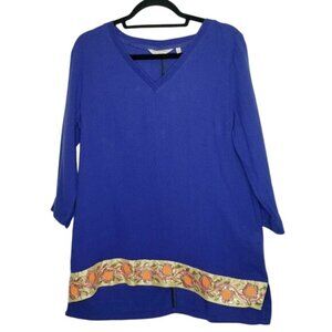 Soft Surroundings Womens Blue Tunic Embroidered Floral Hem‎ 3/4 Sleeves Boho M